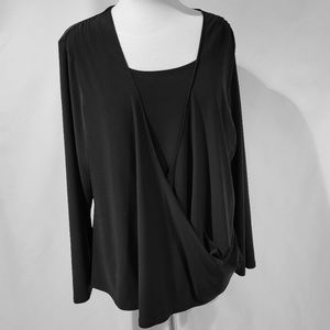 Coldwater Creek Black Surplice Draped Faux Wrap Long Sleeve Blouse. SMALL